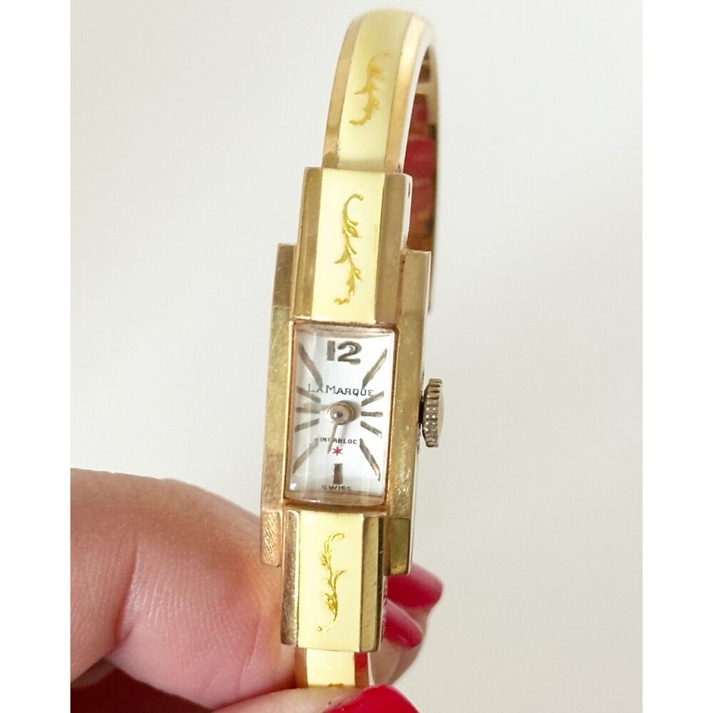 Vintage La Marque Gold Filled Bangle Swiss Watch Cream Enamel Mechanical w/ Box